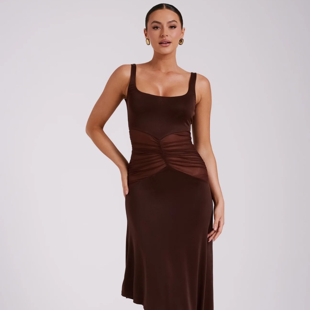 Mesh Panelled Midi Dress - Dark Brown